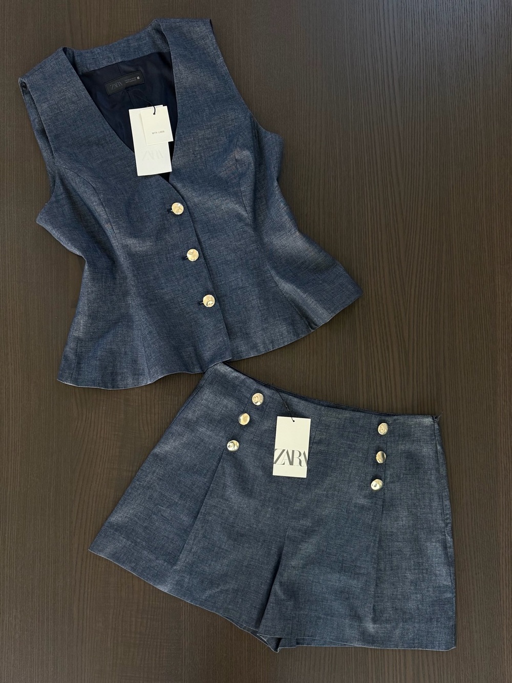 Zara Two-Piece Buttoned Vest & High-Waist Shorts
